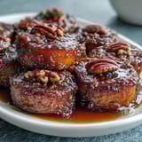 A golden tray of bourbon-glazed candied yams with brown sugar and warm spices, tender and caramelized for a festive Southern side dish.