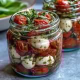 Mason Jar Caprese Salad with cherry tomatoes, mozzarella, and basil, drizzled with balsamic dressing and ready for a picnic.  