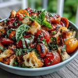 Vibrant Panzanella salad with charred bread, ripe tomatoes, and fresh basil.