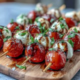 Jewel-like Mini Caprese Salad Skewers with balsamic glaze, a delightful Italian appetizer.