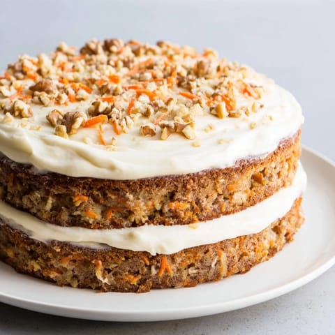 Golden, spiced carrot cake, frosted generously, with visible grated carrots and a sprinkle of nuts.