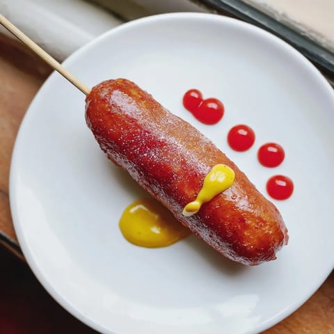 Homemade corn dogs, featuring a tender hot dog enveloped in a sweet and savory cornmeal crust.