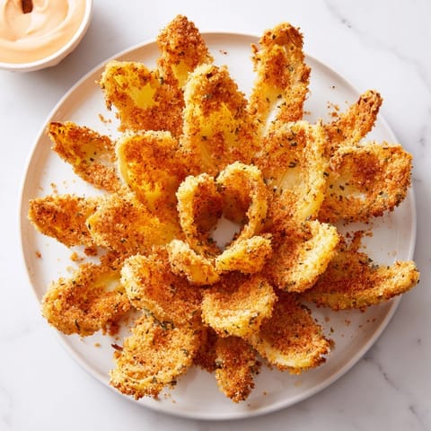 A close-up view of perfectly bloomed onion petals, generously coated and fried until golden.