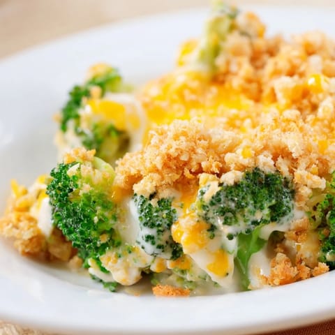 Creamy, cheesy Broccoli Casserole bubbling hot from the oven, ready to serve for dinner.