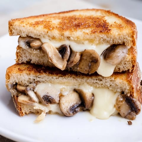 Two halves of a warm Mushroom Swiss Grilled Cheese rest on a rustic board beside a steaming bowl of tomato soup.