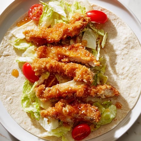 A close-up of a golden-brown Hot Honey Chicken Caesar Wrap sliced in half, revealing crispy chicken strips, creamy Caesar salad, and melted Parmesan inside the warm flour tortilla.