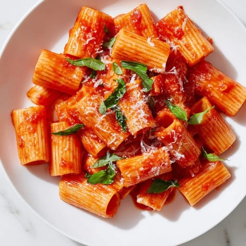 Hearty rigatoni noodles coated in a rich, spicy tomato cream sauce, served steaming in a shallow pasta bowl.