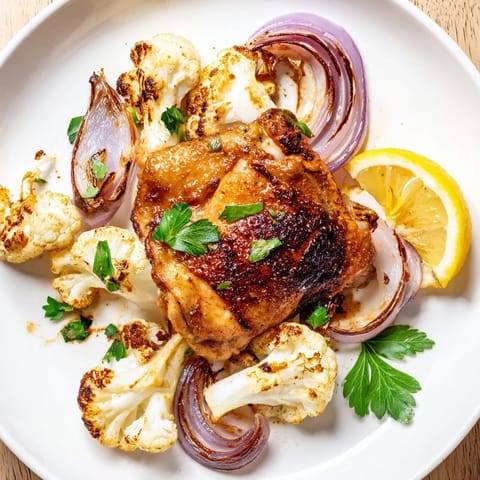 Roasted Cauliflower Chicken Sheet Pan featuring golden brown chicken thighs and tender, crispy cauliflower florets on a baking sheet.
