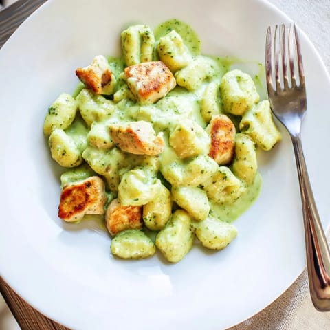 Golden pan-crisped gnocchi and juicy chicken pieces coated in a lush green pesto cream sauce, served hot in a skillet.