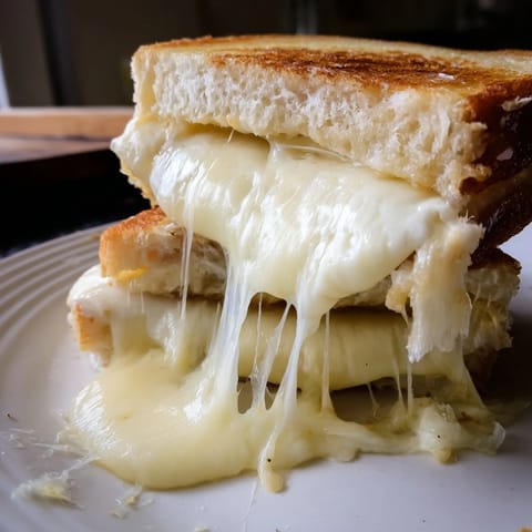 Golden-brown Triple Cheese Sourdough Grilled Cheese oozing with melted cheddar, provolone, and mozzarella, served on a cutting board.  