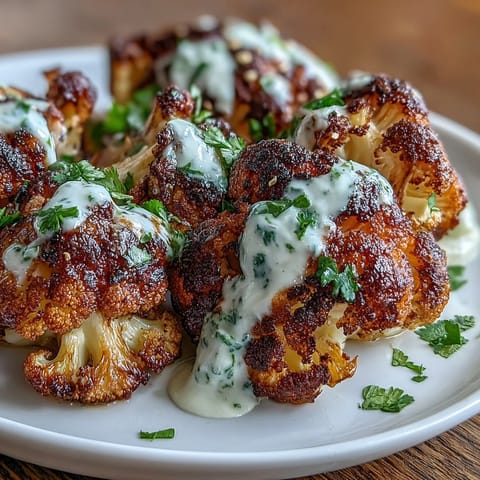 Caramelized Roasted Cauliflower with a bright, zippy lentil salad, drizzled tastily.