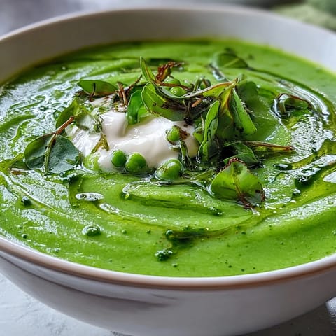 Vibrant Courgette, Pea and Pesto Soup with a creamy swirl, perfect for spring.