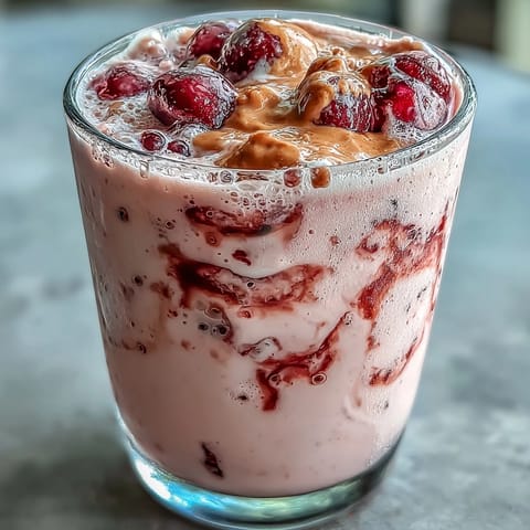 A tall glass of Cherry Almond Smoothie, filled with a deep purple smoothie and topped with a sprinkle of sliced almonds.