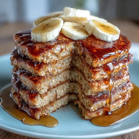 Fluffy Banana Oat Pancakes, a wholesome breakfast with ripe fruit and cinnamon.