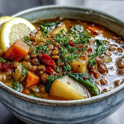 A spoonful of hearty Vegetarian Lentil Stew featuring tender lentils and kale in rich tomato broth.