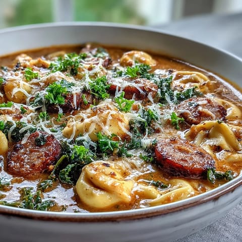 Spoons dipped into Pumpkin Tortellini Soup with chicken sausage, revealing cheesy tortellini and vibrant kale in rich broth.