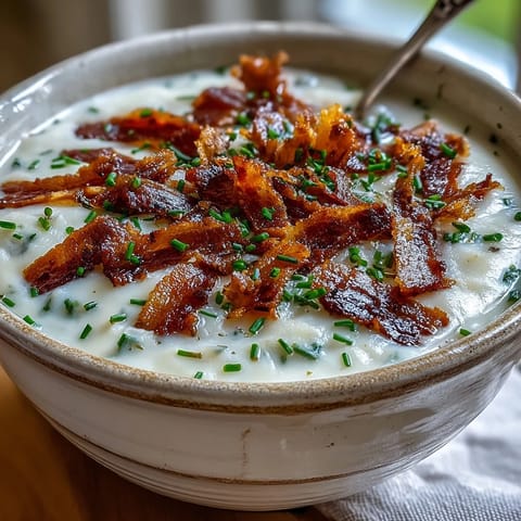 Thick, velvety Celeriac Soup with Crispy Bacon served with warm crusty bread, perfect for a cozy dinner.