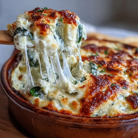 Classic spinach artichoke dip, creamy and golden-brown from the oven, garnished with fresh parsley and paired with crunchy baguette slices on a rustic wooden table.