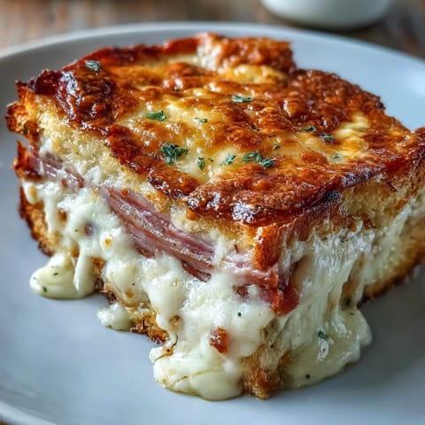 Slices of savory ham and buttery bread layered in a skillet for a hearty French brunch.