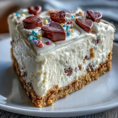 Candy Hearts Fake Cake with creamy no-bake cheesecake layers and a buttery graham cracker crust.