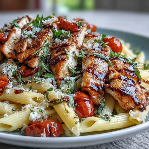 Tender chicken and pasta mingle with fresh basil and a balsamic glaze in a rustic Italian-American skillet meal. Bruschetta Chicken Pasta