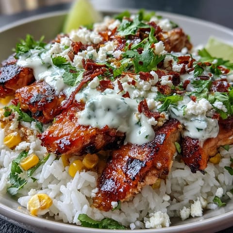 Colorful Street Corn Chicken and Rice Bowls topped with zesty crema, crumbled cotija cheese, and fresh cilantro garnish. 