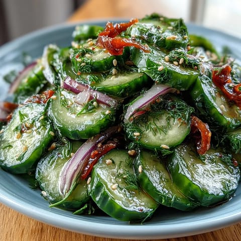 Bright, thinly sliced cucumbers and red onion tossed in a tangy vinegar dressing, garnished with fresh dill and sesame seeds for a refreshing Crunchy Cucumber Salad.
