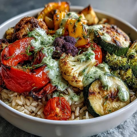 A vibrant Rainbow Roasted Vegetable Bowl piled with caramelized multi-colored veggies on fluffy brown rice and topped with fresh green herb sauce.  
