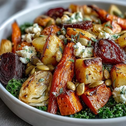 The Winter Root Vegetable Bowl features caramelized carrots, parsnips, sweet potato, and beets on a bed of greens.