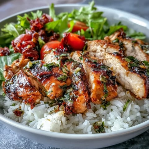Tender marinated chicken with sun-dried tomatoes and herbs sits on fluffy rice, topped with fresh greens in a vibrant bowl.  
