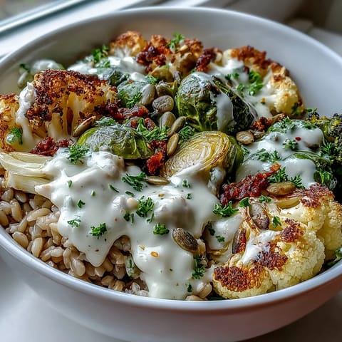 Golden-brown roasted broccoli, cauliflower, and Brussels sprouts garnished with pumpkin seeds, served as a hearty Roasted Brassica Bowl.