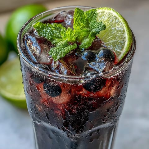 Homemade Tangy Blackcurrant Mojito served over ice with bubbly soda water and a fresh mint sprig.