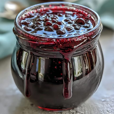A chilled glass of Black Currant Shrub mixed with sparkling water and ice, garnished with fresh berries.