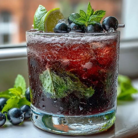 The ingredients for Black Currant Mojito like white rum, black currant juice, lime wedges, and mint leaves arranged on a wooden board.