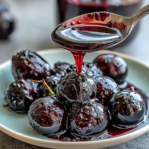 A sterilized glass bottle filled with deep purple Black Currant Syrup, paired with fresh berries on a marble surface.