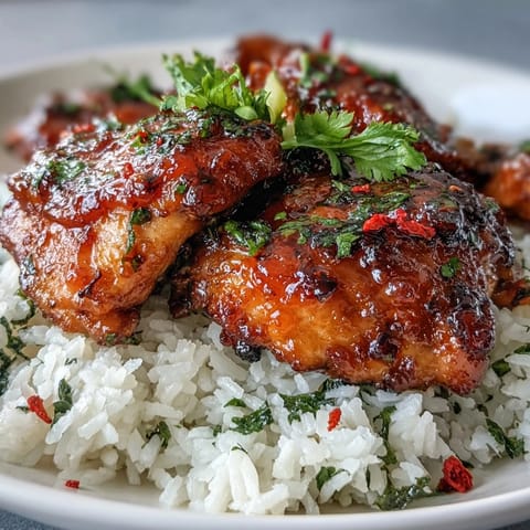 Golden-brown seared Spicy Maple Chicken fresh from the oven, resting beside a bowl of creamy coconut jasmine rice and fresh herbs.