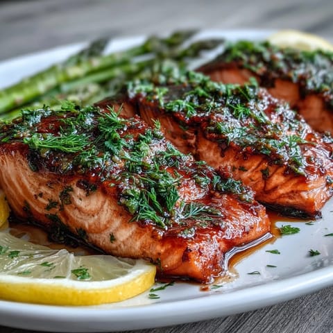 Fresh Marry Me Salmon topped with chopped dill and lemon slices, served with roasted asparagus.