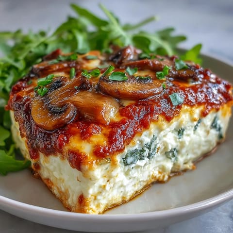 A warm, saucy Cottage Cheese Pizza Bowl brimming with vegetables and melted cheese, ready to serve with a spoon.