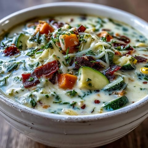 A spoon dipping into a bowl of Creamy Garlic Parmesan Veggie Soup, highlighting its thick, cheesy texture.