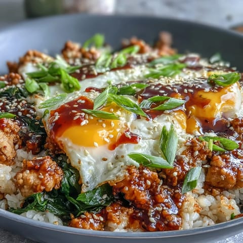 Creamy Korean Turkey Rice Skillet with jammy egg and scallions in a skillet.