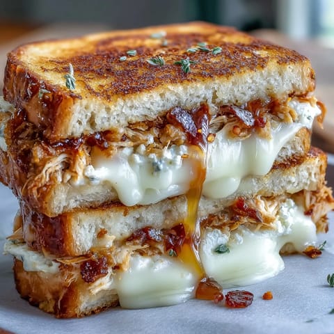 The Goat Cheese & Hot Honey Chicken Grilled Cheese rests on a rustic board beside arugula salad.