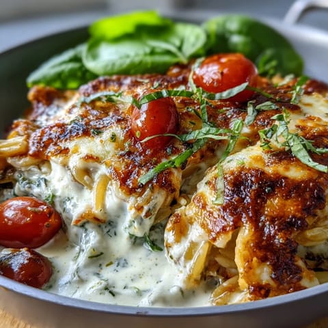 Cheesy One-Pan Creamy Chicken Lasagna Orzo topped with ricotta dollops and fresh basil garnish, steam rising.