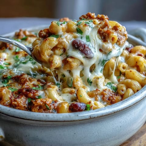 Golden, bubbly cheddar tops this Baked Ranch Turkey Chili Mac, with fresh cilantro and sour cream garnish on the side.