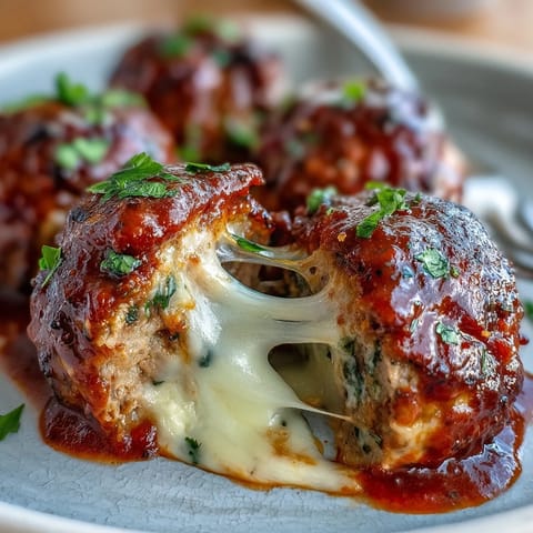 Golden-brown baked spicy chicken Parm meatballs bubbling in rich red sauce with melted mozzarella, ready to serve over spaghetti.