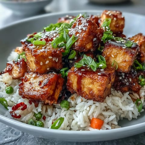 Topped with scallions and sesame seeds on a white plate, ready to serve.