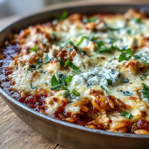 Steam rises from a savory spoonful of One-Pan Creamy Chicken Lasagna Orzo, revealing tender chicken and rich tomato sauce.