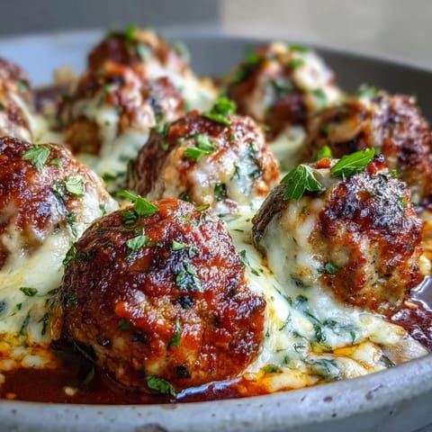 Golden baked spicy chicken Parm meatballs topped with melted mozzarella in zesty marinara sauce.