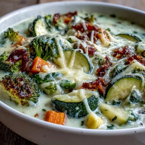 Creamy Garlic Parmesan Veggie Soup steams in a white bowl, garnished with fresh parsley and extra cheese, with crusty bread for dipping.