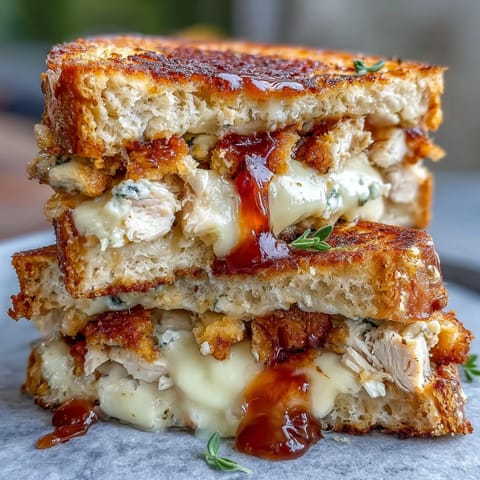 Two halves of a warm Goat Cheese & Hot Honey Chicken Grilled Cheese are stacked, melty filling oozing onto a marble surface.