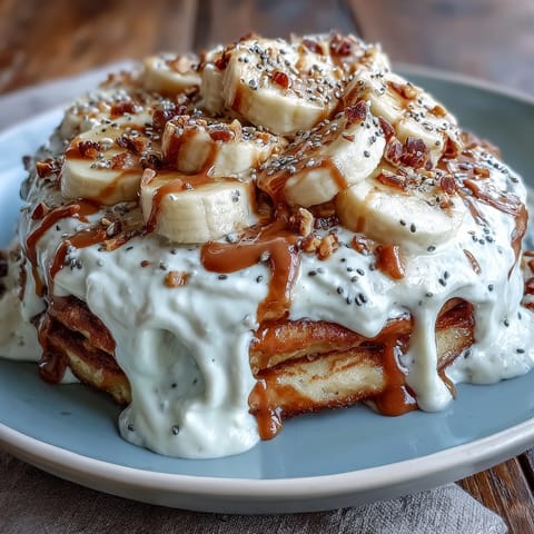 Freshly baked High-Protein Breakfast Pizza Bowl with a golden oat and banana pancake base, topped with Greek yogurt frosting and banana slices.